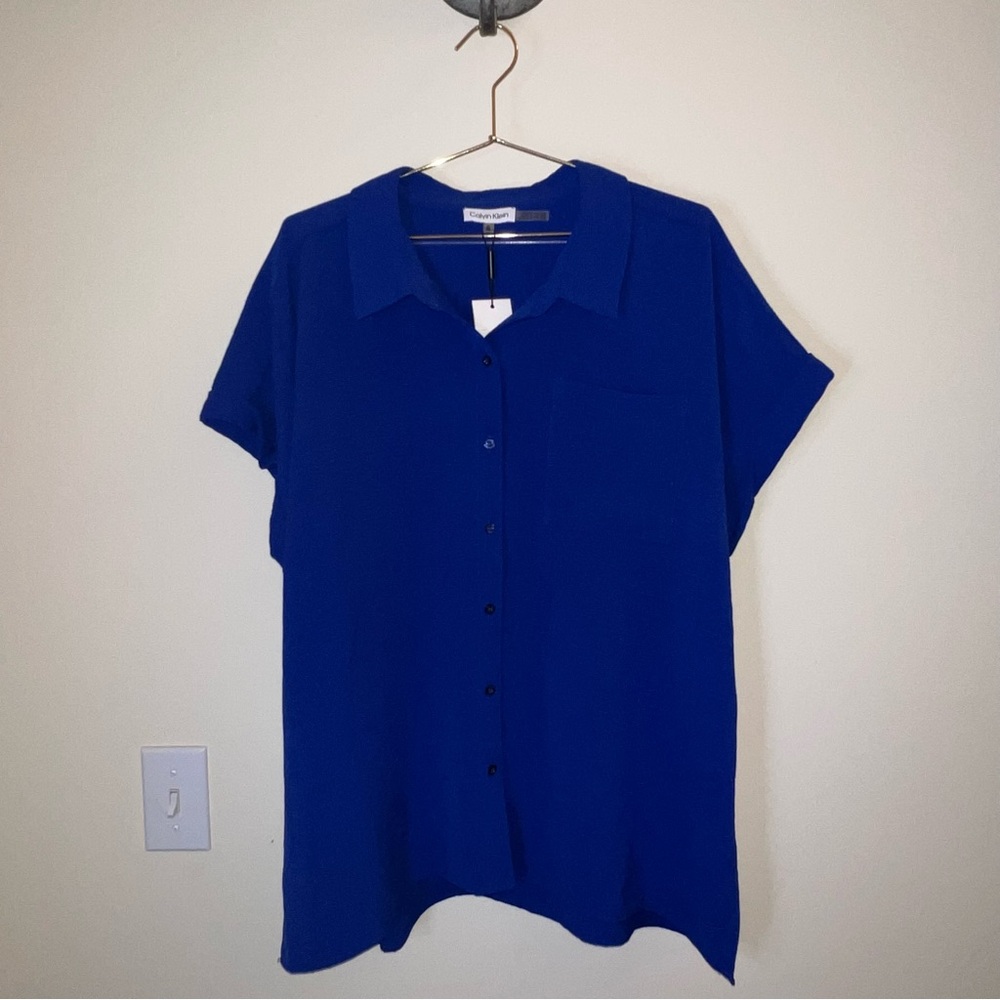 Calvin Klein XL Royal Blue Button Front Blouse NWT